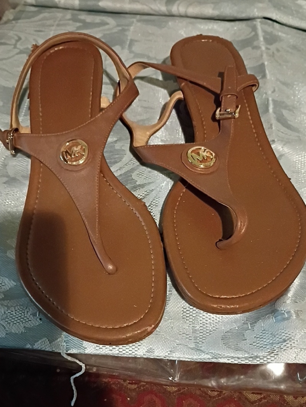 Michael Kors Tan Brown T-Strap Logo Sandals